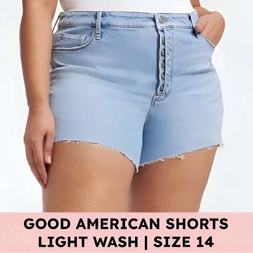 Good American Bombshell Cutoff Denim Shorts High Rise Button Fly Light Wash 14